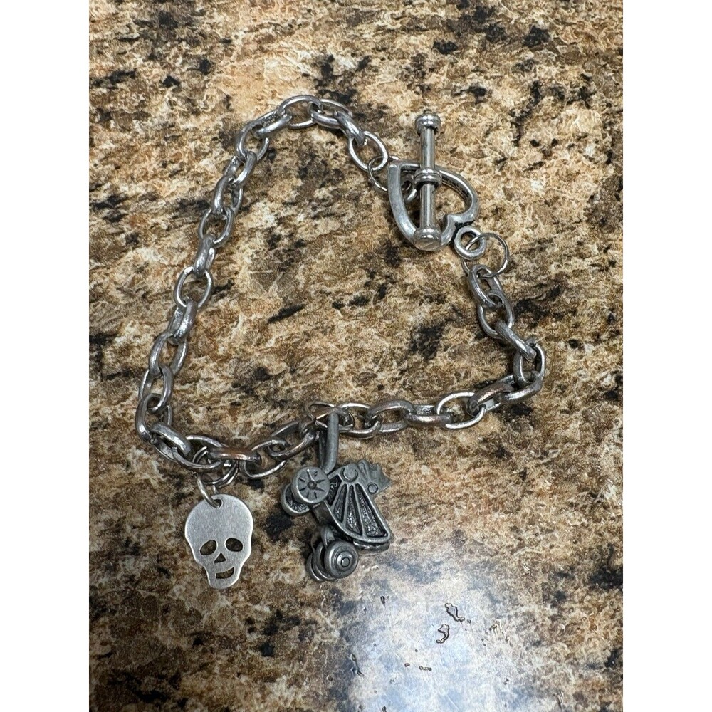 Chunky Silver Tone Skull & Baby Buggy Charm Bracelet Gothic Punk Toggle Clasp